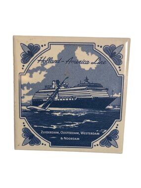 Holland America Line Coaster Ceramic 4"x4" Cork Backing Blue & White